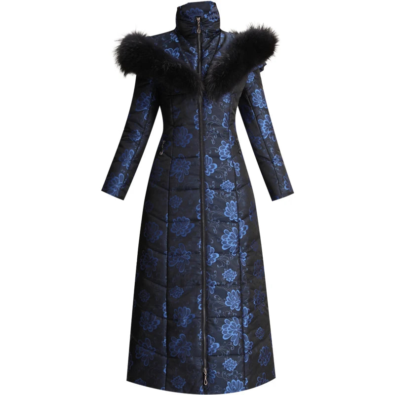 England Style Women Winter Fur Hooded Coat Zipper Long Sleeve Jacquard Parkas Space Cotton Floral Thick Coat Jacket Vintage