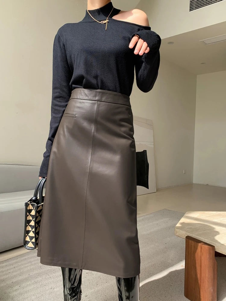 Spring New Genuine Leather Skirt For Women High Sense Vintage A-line 70 cm Jupe Longue Femme Simple Maxi Apricot Black Etekler