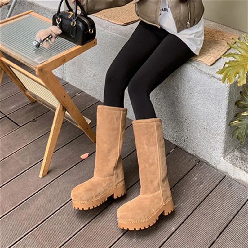 Luxury Size 35-43 New Snow Boots Women Thick Fur Warm Winter Boots Cow Suede Knee High Boots Fashion Platform Hiking Boots