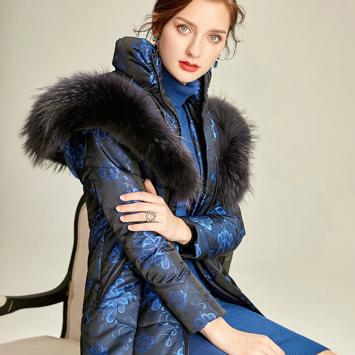 England Style Women Winter Fur Hooded Coat Zipper Long Sleeve Jacquard Parkas Space Cotton Floral Thick Coat Jacket Vintage