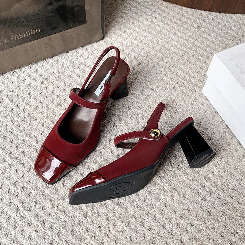 Summer Genuine Leather Toe Block Heel Mary Jane Shoes Women's High Heels Fashion Women's Shoes Comfortable and Elegant Sandals