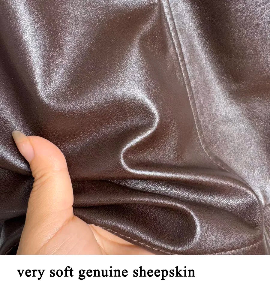 2025 Autumn/Winter New Genuine Leather Skirt for Women High Waist Side Pocket Slim Look Head Layer Sheepskin A-line Mini Jupe