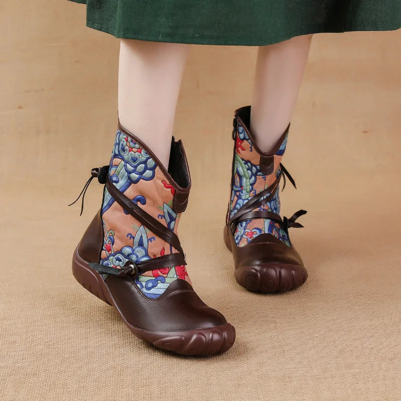 Xiuteng 2023 Ethnic Style Printed Retro Genuine Leather Shoes Women's Boots For Warmth And Comfort Cotton Ankle Shoes