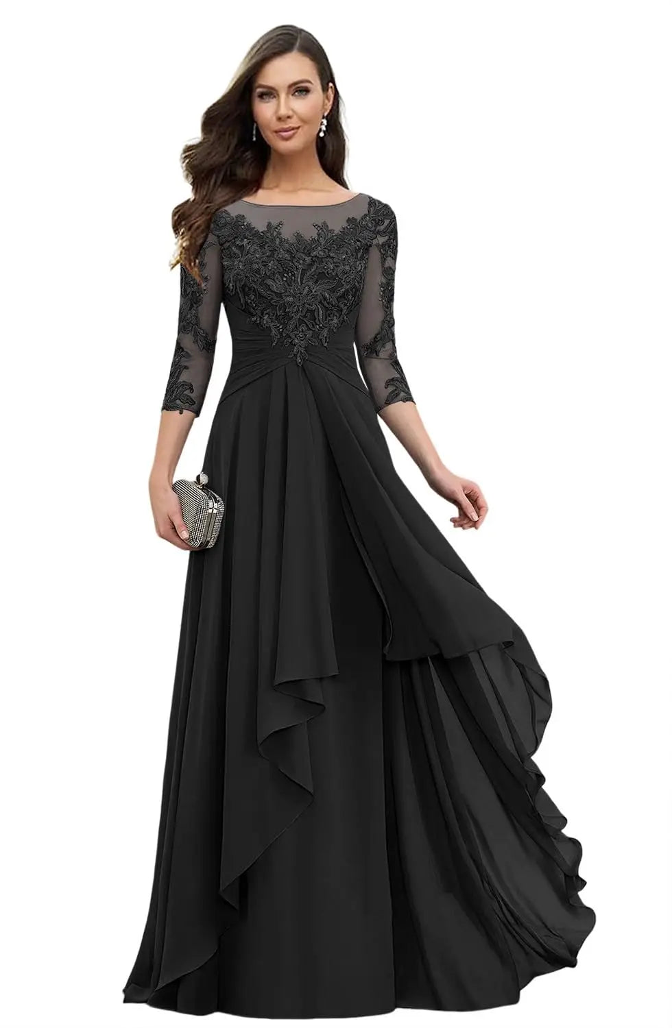 Women's Elegant Lace Mother of The Bride Dresses Scoop Neck Chiffon Ruffles Formal Evening Gowns A-Line Wedding Guest Gowns