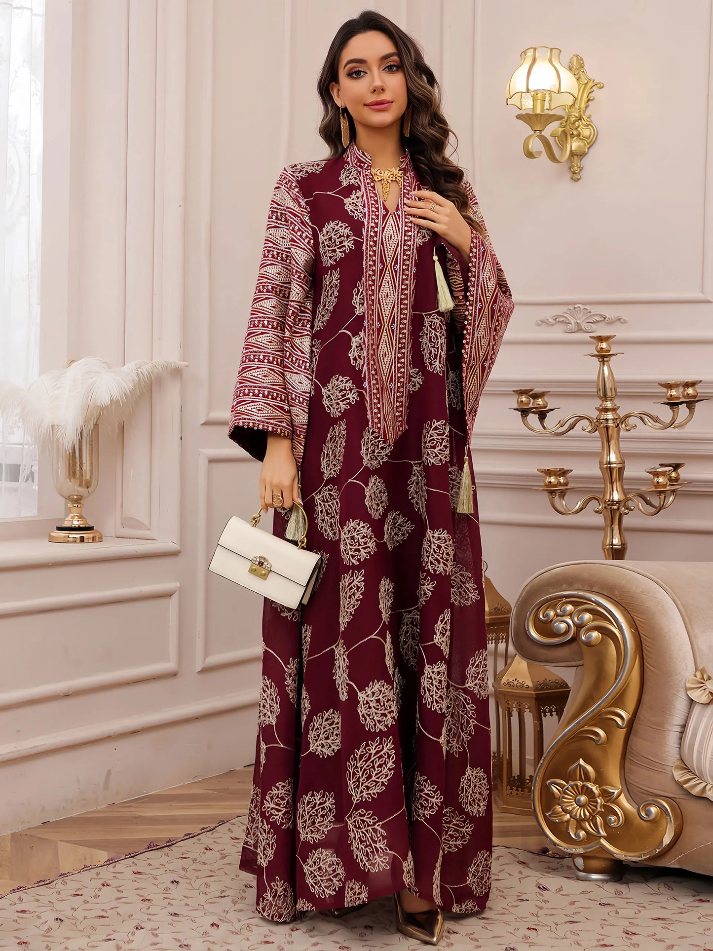 New Stylish Dubai Muslim Abaya Women Islamic Red Fabric with Intricate Gold Embroidery for Middle East UAE Saudi Arabia Qatar