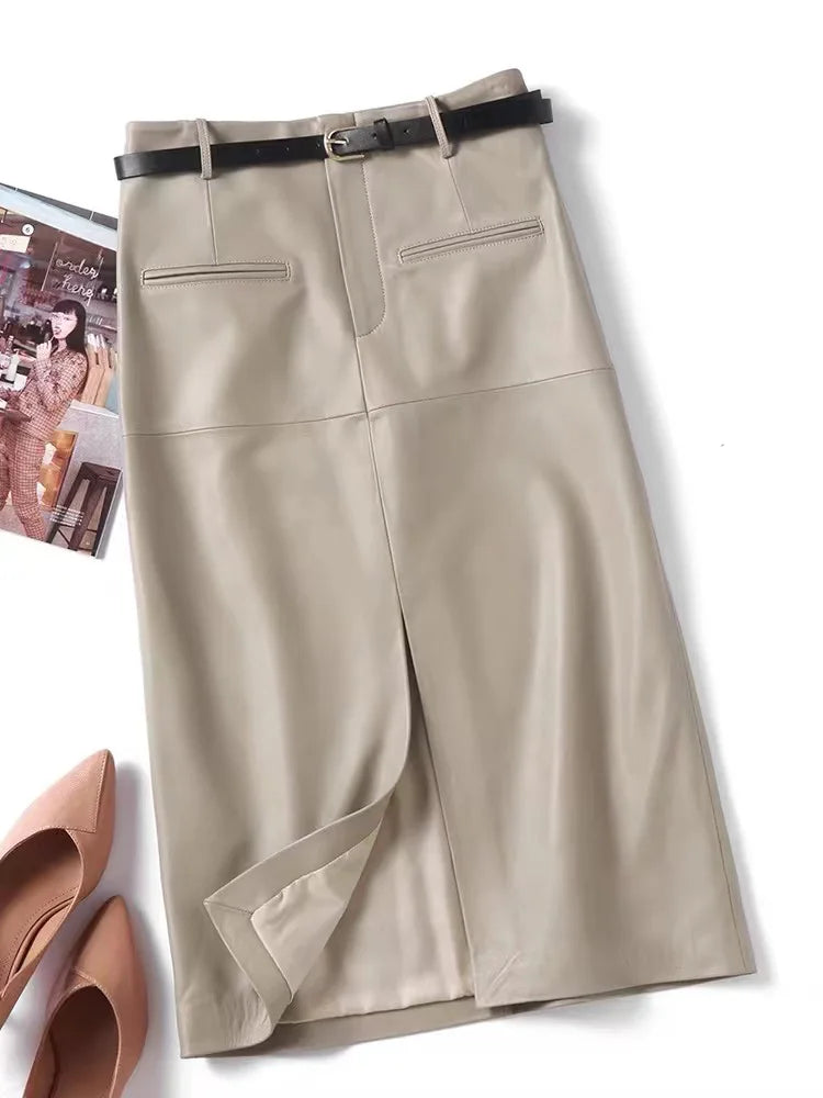 Women Long Leather Skirt 2025 Winter Euro-American Calf Length 100% Sheepskin Slim Pencil Skirt With Belt Femme Front Split Saia