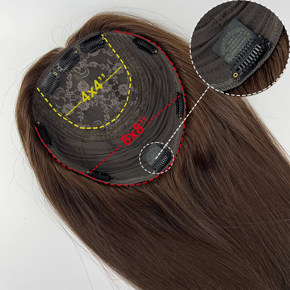 Jewish Topper Full Virgin European Hair 8x8'' Silk Base Natural Scalp Medium Brown Same Length Sheitels Silk Top Kosher Wig