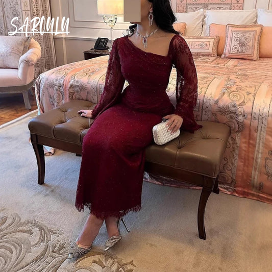 Burgundy Lace Daily Party Prom Gown Hot Sale Sexy Shimmering Evening Dress Illusion Long Sleeves Elegant Women Cocktail Wear