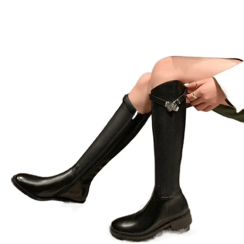 Slimming Effect Knight Boots Women's Flat Bottom Angle Cut Long Boots Lock Buckle Korean Style Versatile High Boots Leg Shaping