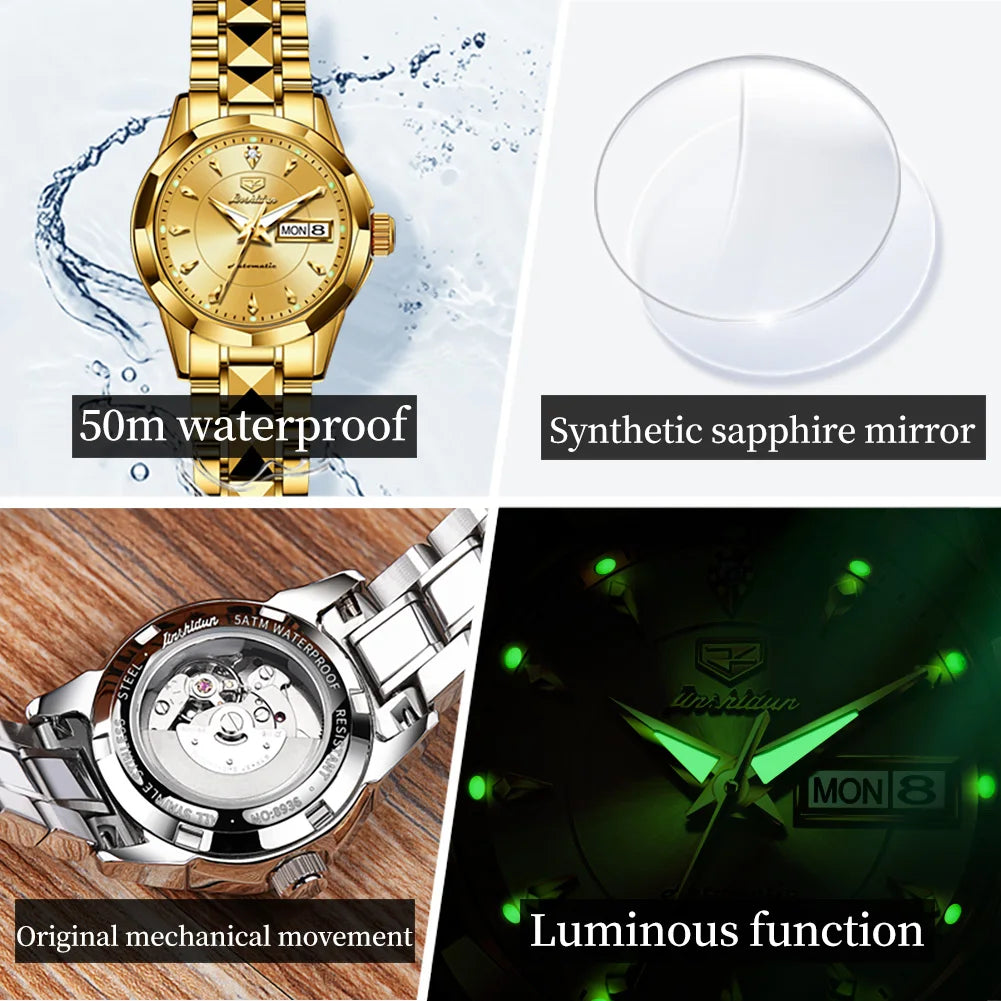 JSDUN Mechanical Watch for Women Luxury Tungsten Steel Strap Dual Calendar Waterproof Luminous Elegant Women's Automatic Watches