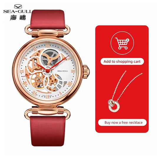 Seagull Fashion Women's Watch Leather Strap Waterproof Skeleton Automatic Mechanical For Ladies Watch Necklace Set 6002L Series