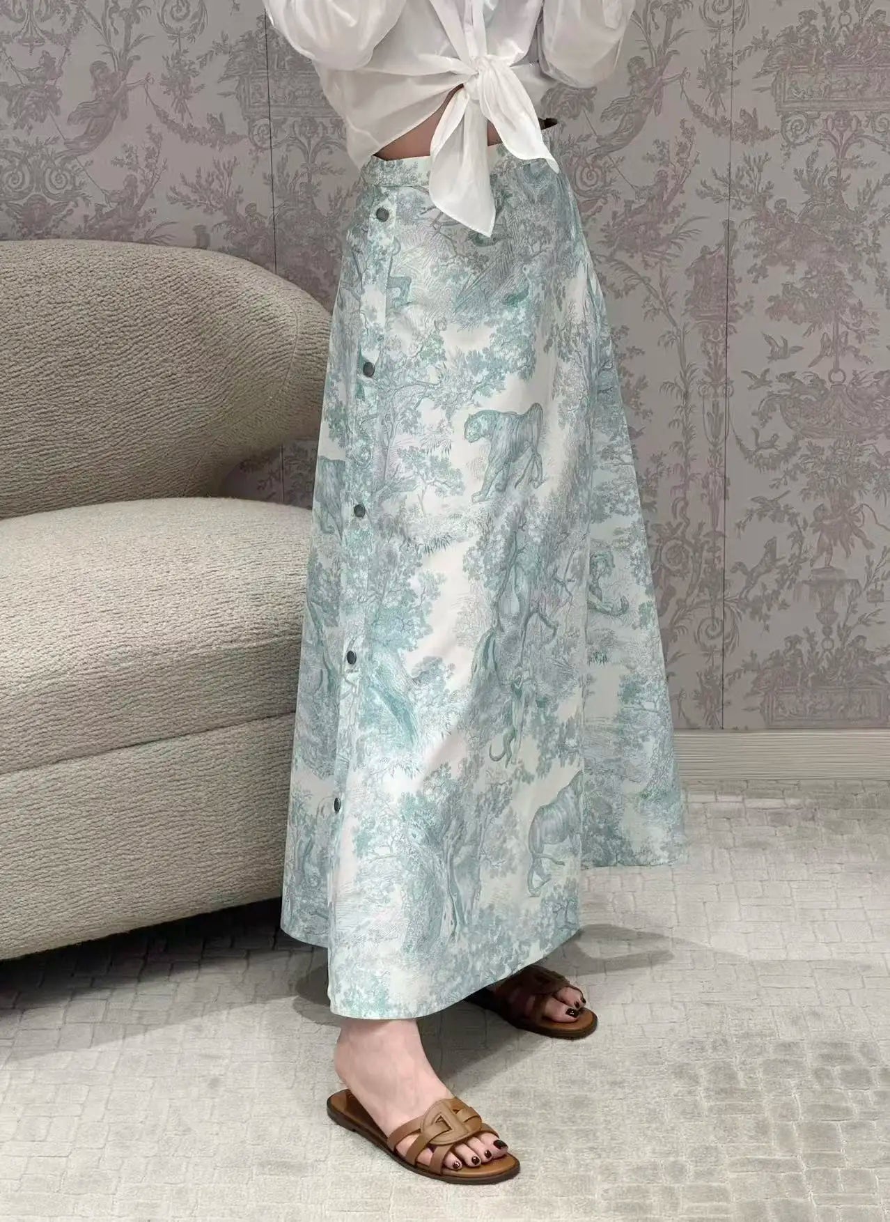 2025 Summer New Women's Jungle Print High Waist Midi Skirt | Tropical A-Line Slimming Elegant Versatile Flowy Half-Length Skirts