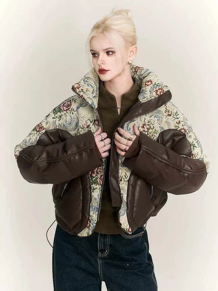 Winter Vintage Jacket Coat Women's Winter Waterproof Embroidered Jacquard Jacket Down Thick Warm Outerwear PU Leather Parka