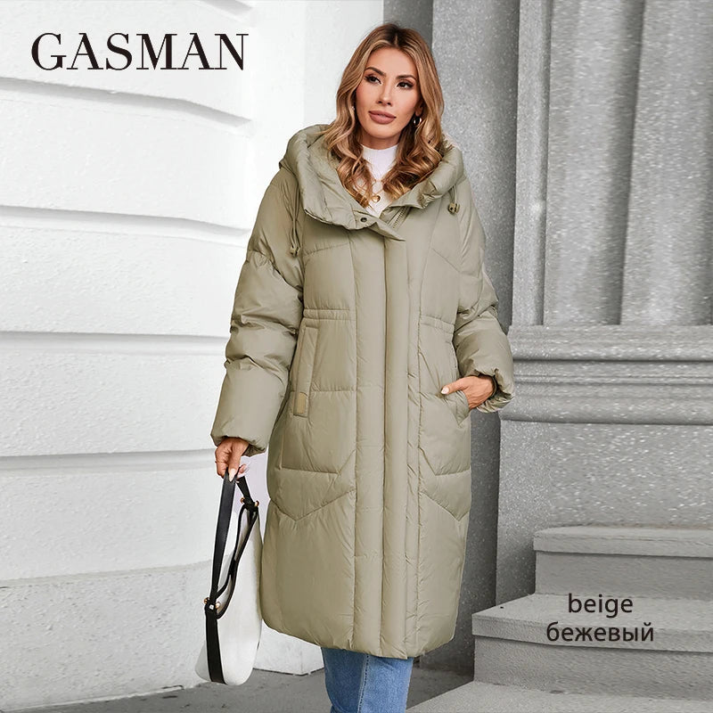 GASMAN 2024 Winter Down Jacket Women Long Classic zipper Design Pocket Stand Collar Hooded Slim Coat Women Parkas 88590