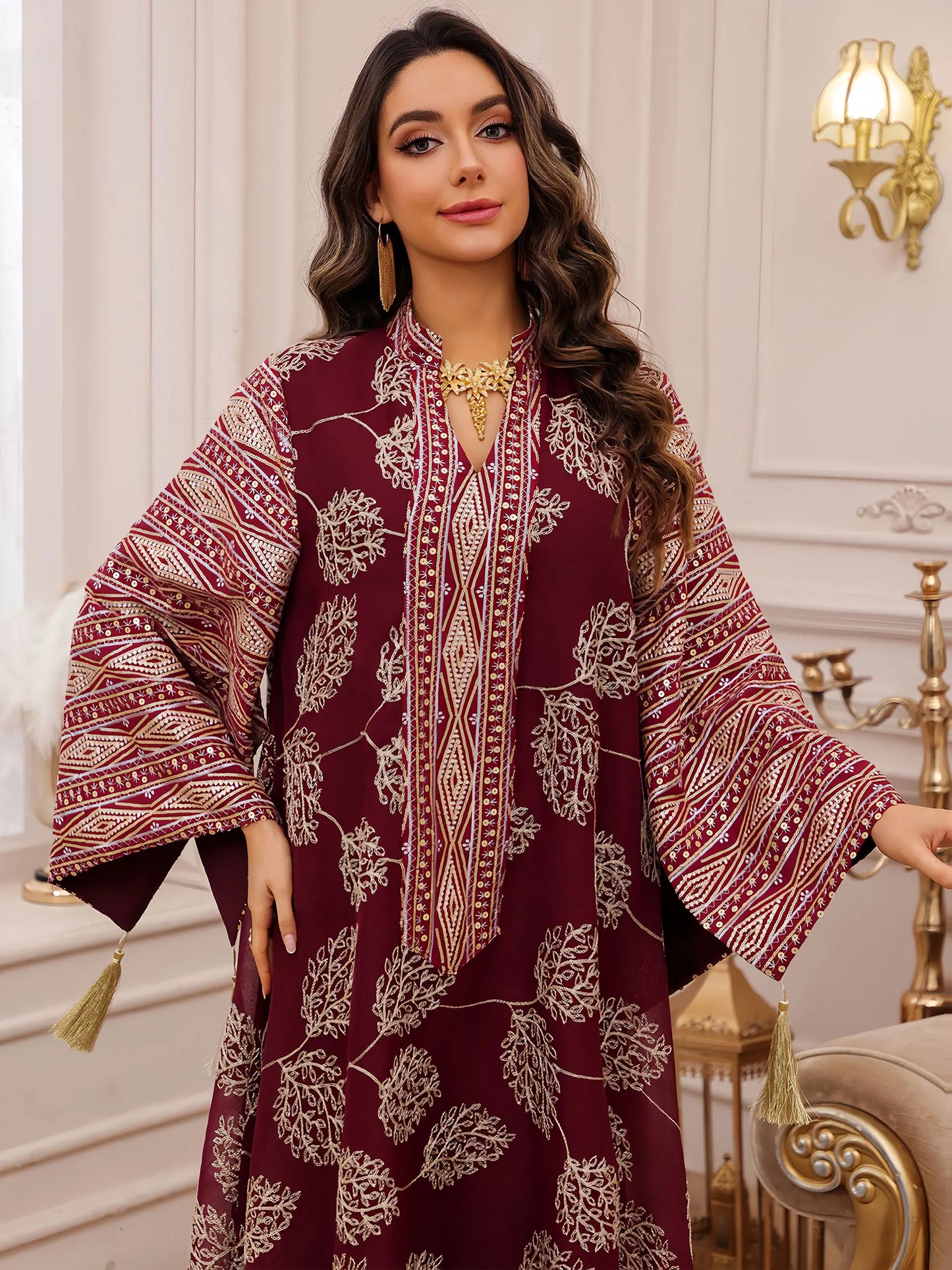 New Stylish Dubai Muslim Abaya Women Islamic Red Fabric with Intricate Gold Embroidery for Middle East UAE Saudi Arabia Qatar