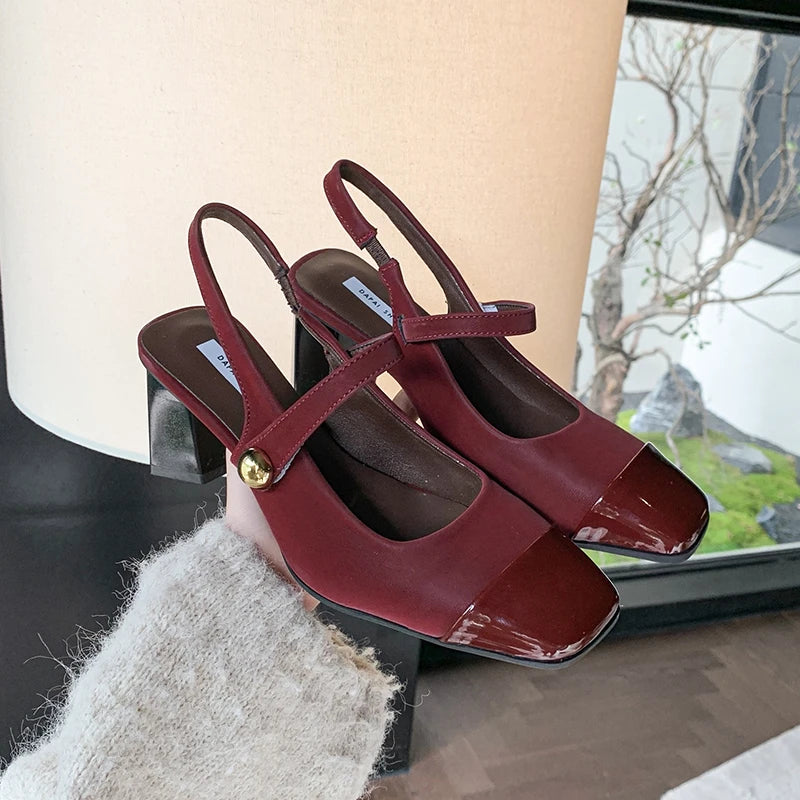 Summer Genuine Leather Toe Block Heel Mary Jane Shoes Women's High Heels Fashion Women's Shoes Comfortable and Elegant Sandals