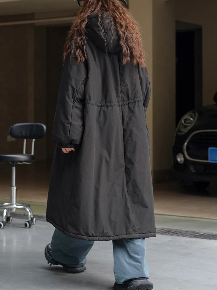 [EAM] Black Big Size Long Cotton-padded Coat Long Sleeve Loose Fit Women Parkas Fashion Tide New Autumn Winter 2025 1DH2804