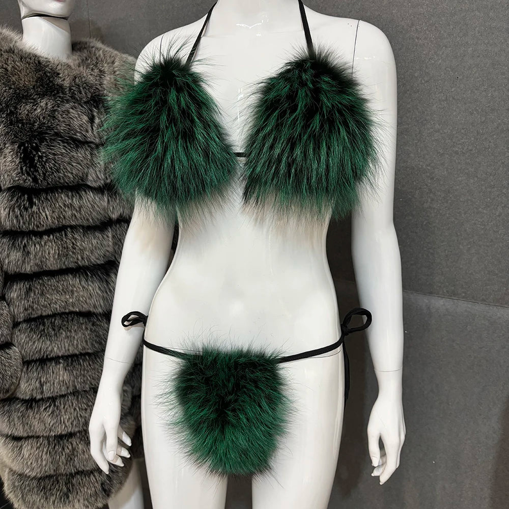 YOLOAgain Women Solid Natural Fox Fur Sexy Bikini Set Bra Detachable