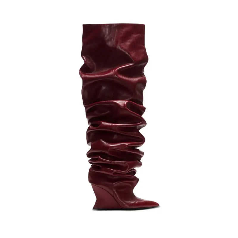 European and American Autumn and Winter Pleated Thick High Heels Knee High Women's Boots Pointed Fashion Party Women's Boots