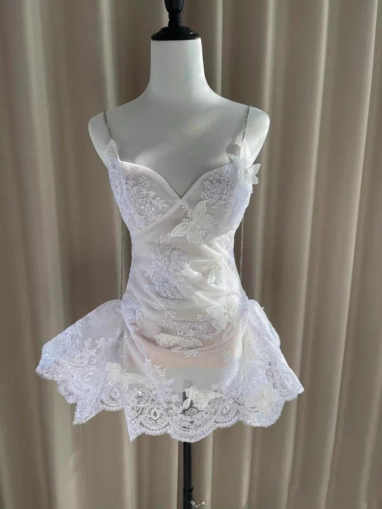 Sexy Chian Spaghetti Straps Lace Patchwork Mini Dress Women White Sleeveless Butterfly Design Dresses Evening Party Cocktail