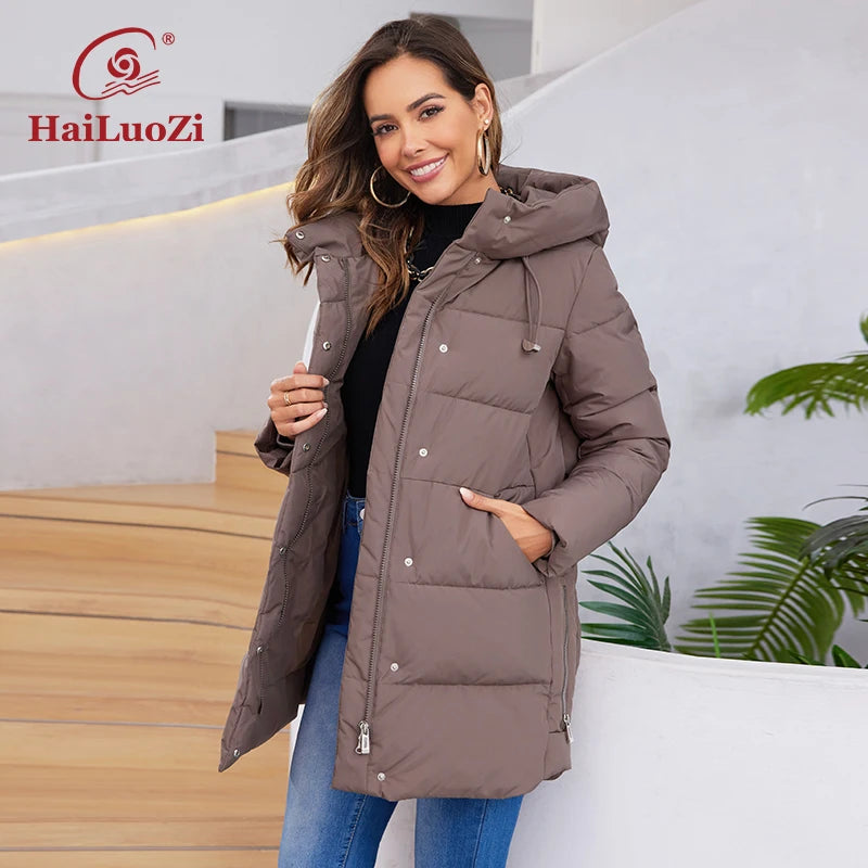 HaiLuoZi 2023 New Women Winter Jackets Warm Hooded Thick Bio-Cotton Female Parkas Solid Color Big Pockets Women‘s Coats 1139