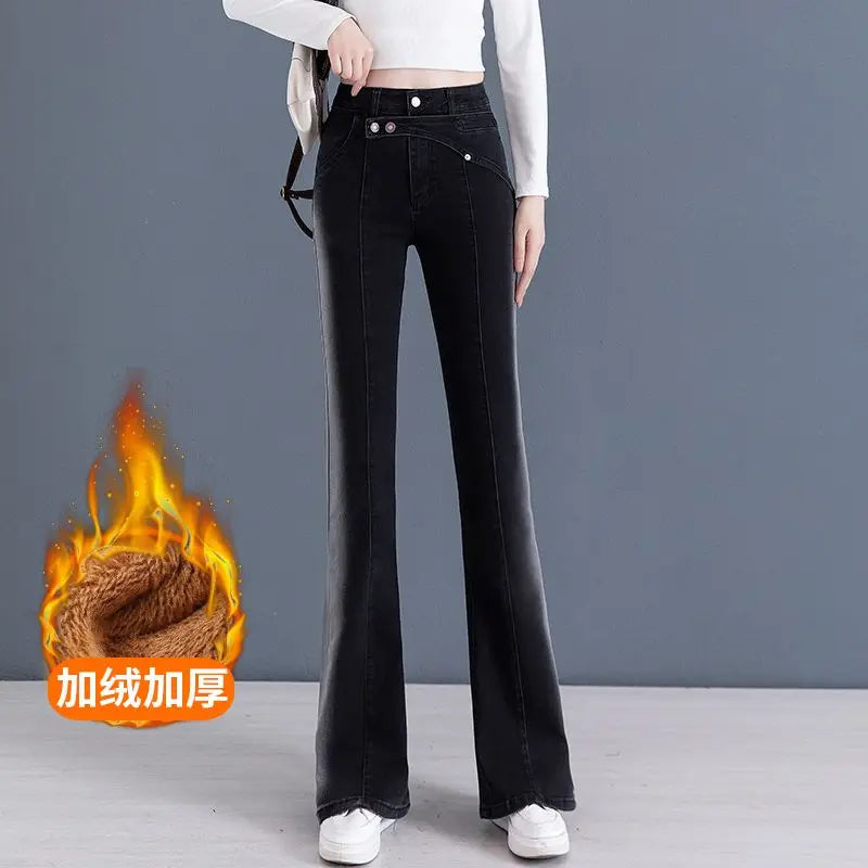 Vintage Gradient Blue Korean Slim Flare Jeans High Waist Women Spring Autumn Full Pants Pocket Versatile Simple Casual Trousers