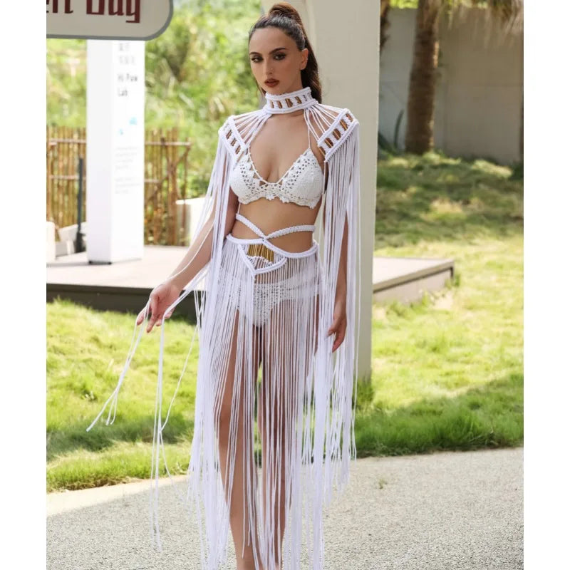 Tassel Hand Crochet Knitted Women Bikini Cover Ups 2023 Summer Holiday Beach Bathing Suit Sexy Hollow Out Skirts Matching Set