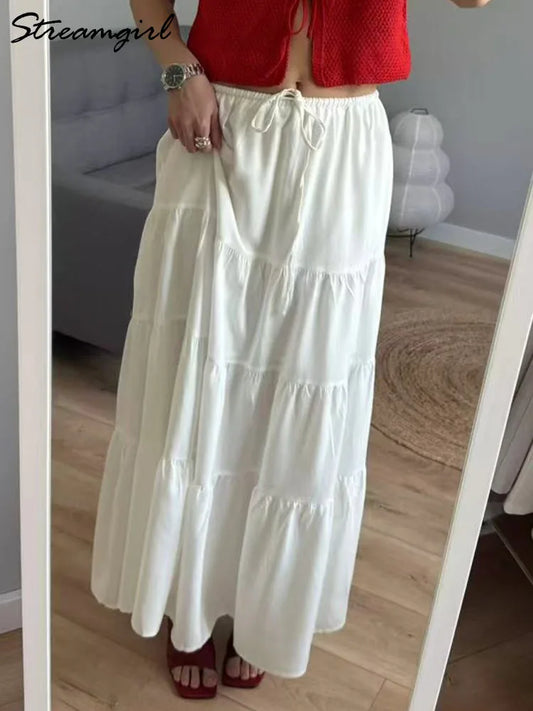 Brown Long Skirt Women Summer Cotton Ruffle Floral Skirt Woman Luxury Green Tie Up Loose White Women Long Skirts High Waisted