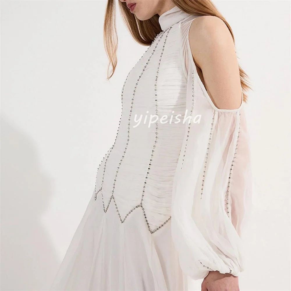 Customized Modern Style Sexy Chiffon Pleat Ruched Rhinestone A-line High Collar Midi Dresses Bespoke Occasion Dresses Fashion