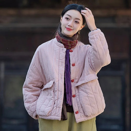 Johnature Women Vintage Stand Button Parkas Solid Color Long Sleeve Patchwork Pockets 2025 Winter New Loose Plus Cotton Parkas