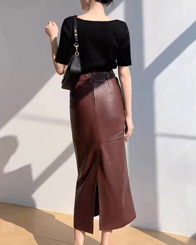 Women's Ankle Long Leather Skirt with Waist Belt Female Soft genuine Leather Back Split Straight Jupe Slimming 85 cm Maxi Faldas