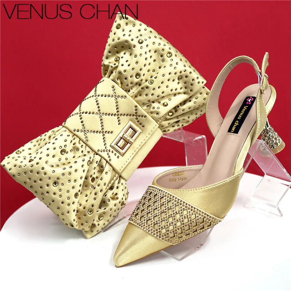 High Quality 2025 Italian Design Embossed Varnish Style Big Diamond Decoration Classic Noble Women Shoes and Bag Set