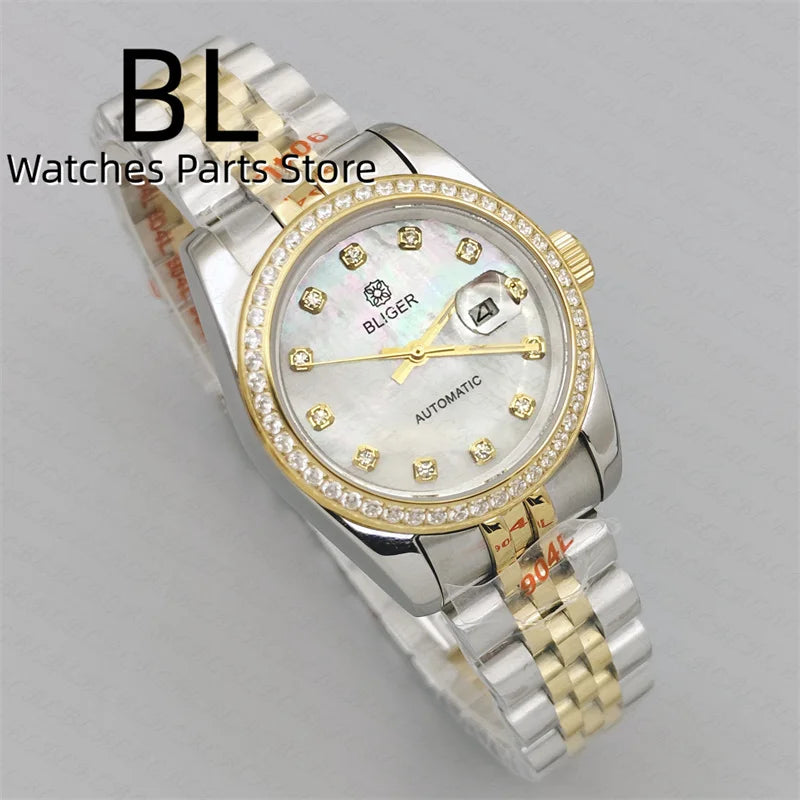 BLIGER 31mm NH05 Automatic Watch For Women Pink Gold Gray Purple Sunburst White Mother Pearl Dial Diamond Index Steel Bracelet