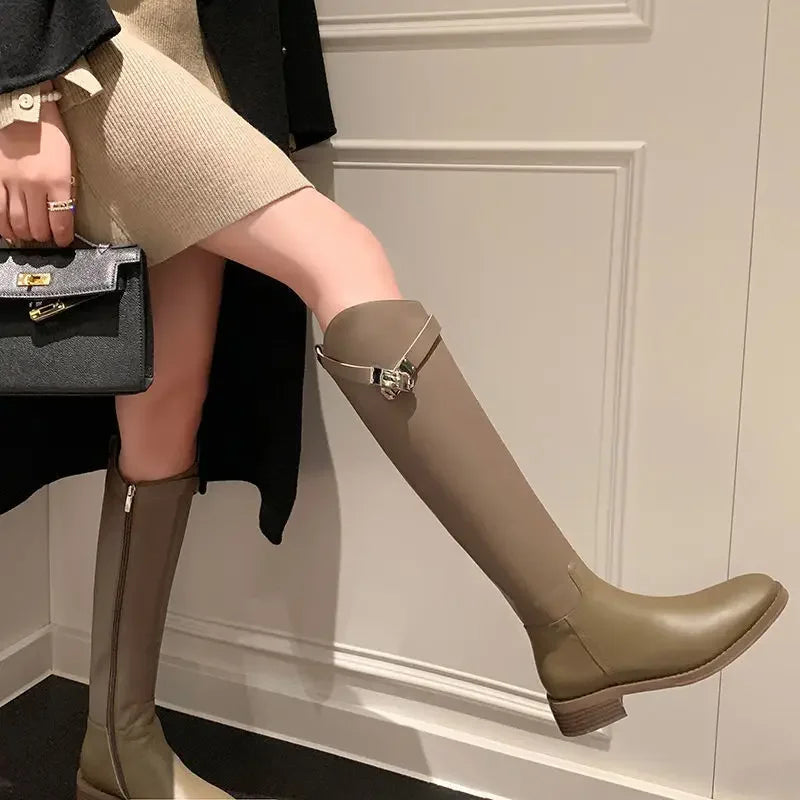 Slimming Effect Knight Boots Women's Flat Bottom Angle Cut Long Boots Lock Buckle Korean Style Versatile High Boots Leg Shaping