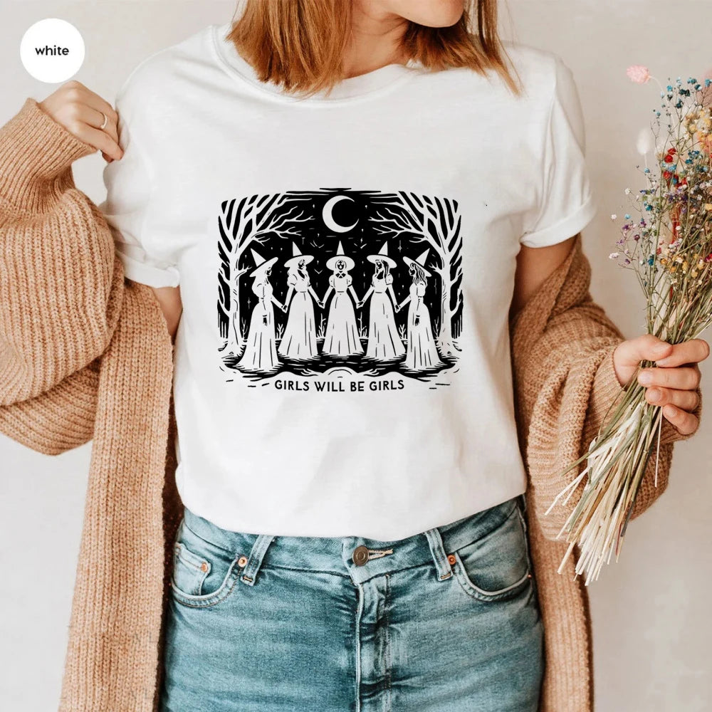 Halloween Witch Shirt Vintage Girls Will Be Girls Witch T-Shirt Women Feminist Tee Ironic Aesthetic Shirts Spooky Season Tops