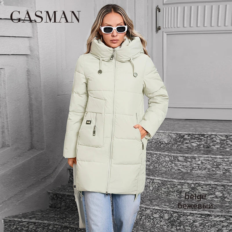 GASMAN 2024 Women Down Jacket Medium Classic zipper design Big Pocket Stand Collar Hooded Slim coat Women Parkas 83356