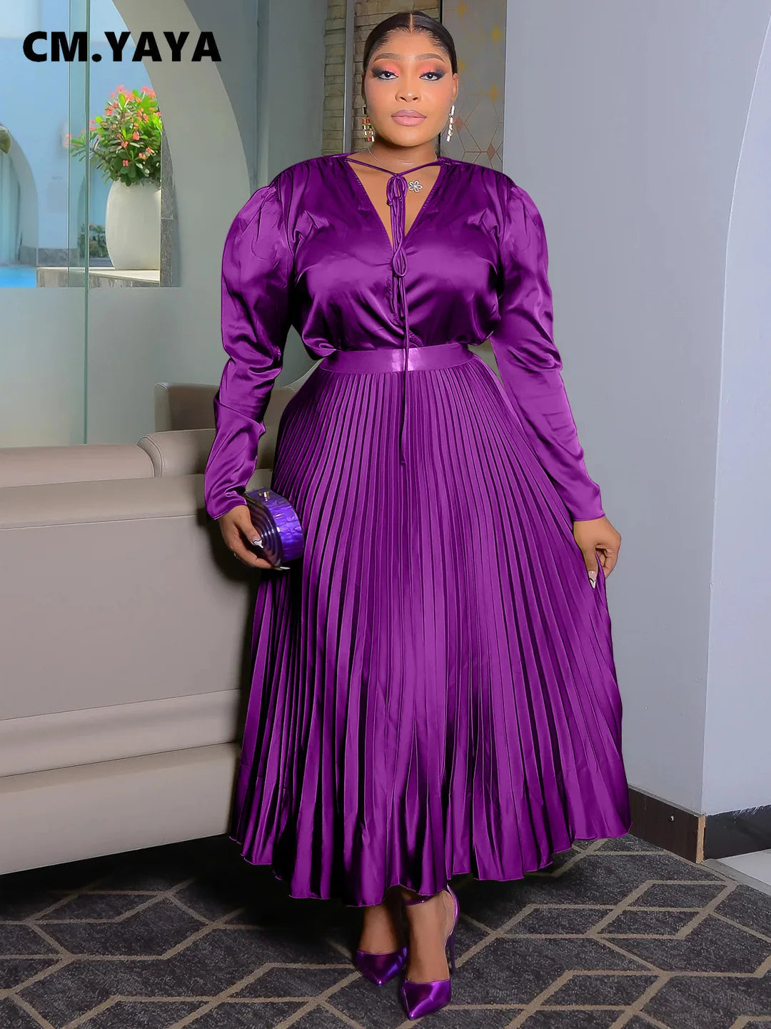 CM.YAYA Plus Size Women's Dress Set Long Sleeve V-neck Blouse and Pleated Maxi Long Skirts Suit Birthday Two 2 Piece Set Outfits