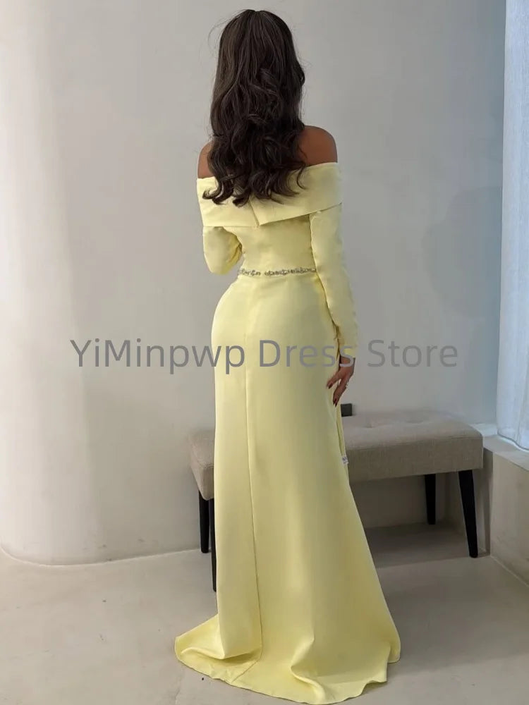 Yellow Evening Dresses Off  the Shoulder Long Sleeve Gown Mermaid Sweep Train Beading Luxury Dresses Customized robes de soirée
