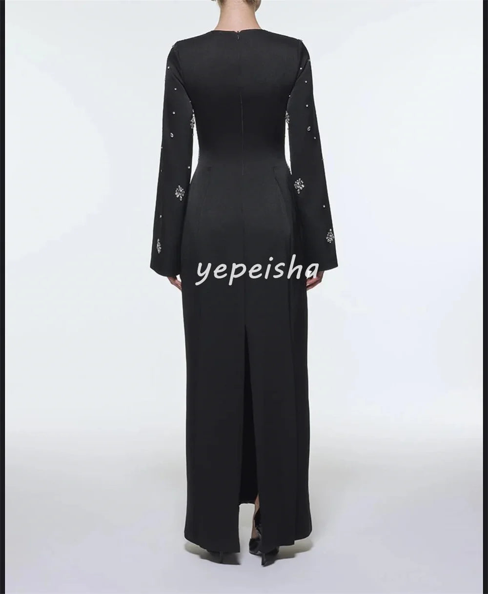 Customized Modern Style Retro Charmeuse Sequined Rhinestone Draped Straight O-Neck Long Dresses Bespoke Occasion Dresses Fashion