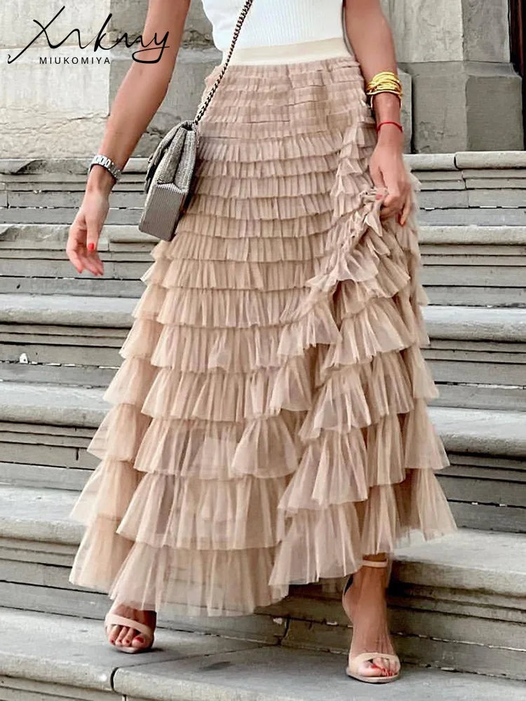 MiuKoMiYa Elegant Black Long Tulle Skirts Women Puffy Pink Maxi Mesh Skirt Long High Waist Pink Tulle Skirt Vintage For Women