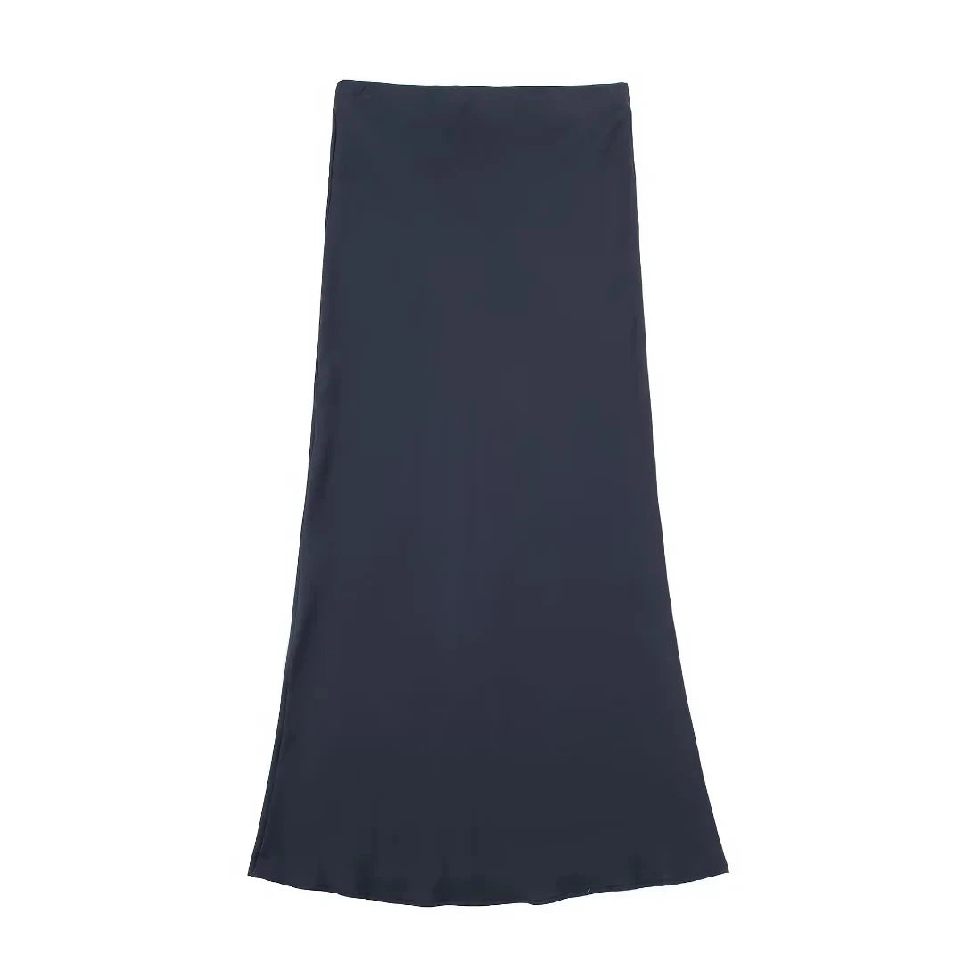 HH 2024 Y2K Casual Women Long Skirt Spring Elastic High Waisted A-Line Casual Female Satin Skirts High Street Lady Skirts