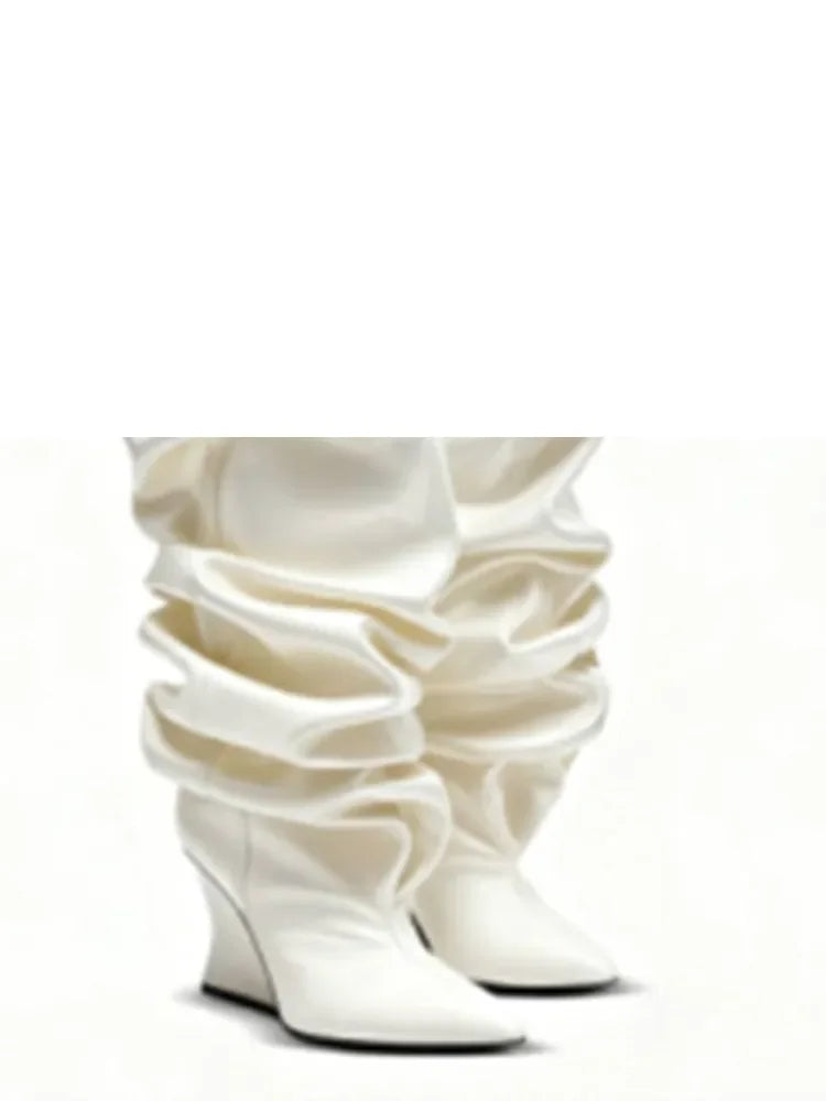 European and American Autumn and Winter Pleated Thick High Heels Knee High Women's Boots Pointed Fashion Party Women's Boots