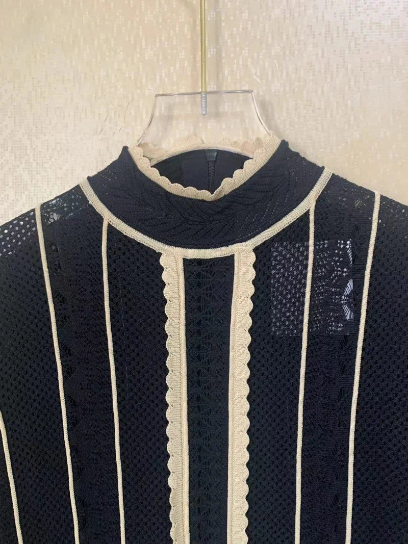 Elegant Fashion Black Stripe Dress Party Retro Knitted Dress Women