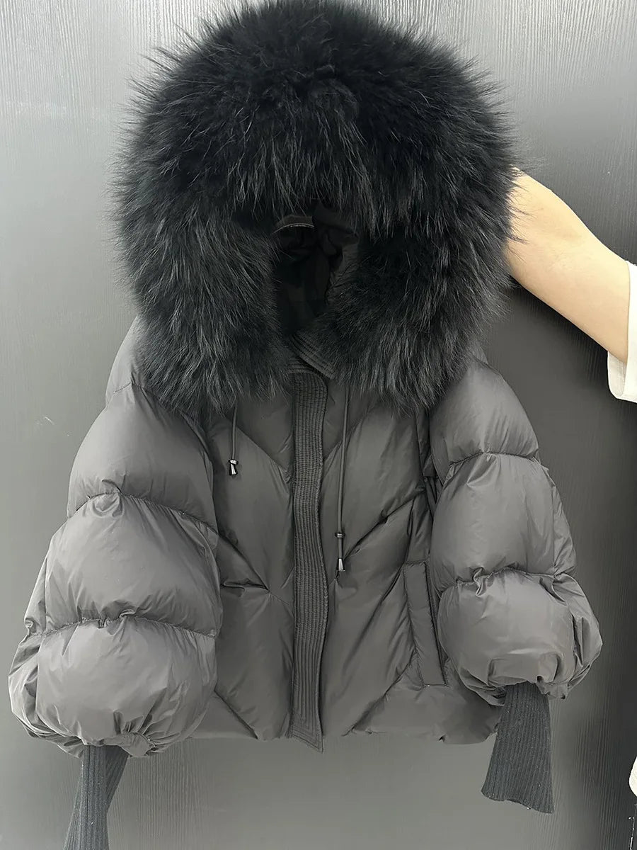 Winter Hooded Natural Large Fur Collar Down Jacket Women Short White Duck Down Outwear Female Lantern Sleeve Warm Quilted Jacket
