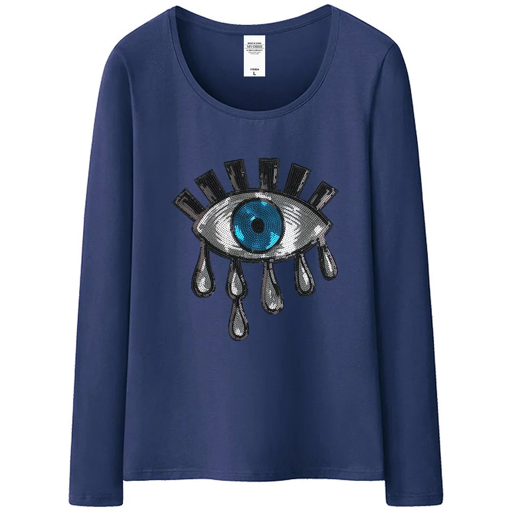 New Summer  Women Cotton Tears T Shirts Ladies Big Eyes Embroidery Sequins T-shirt Loose Style Casual Tshirt Women Casual Tops