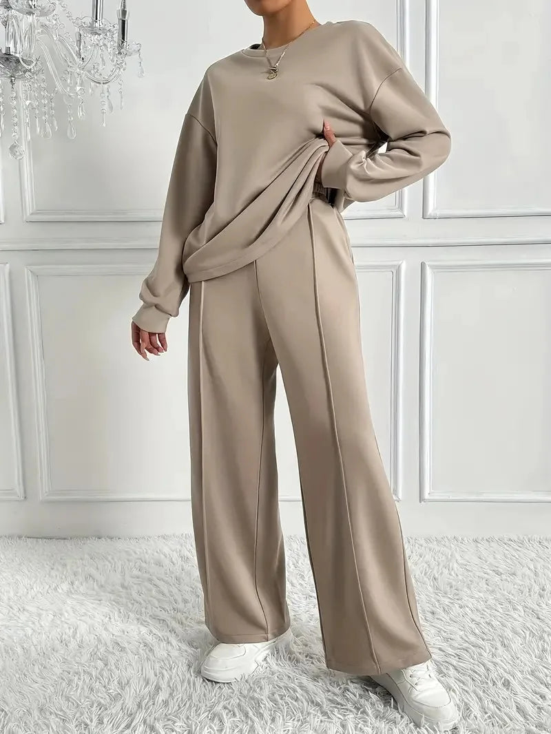 Two-piece Set For Woman Casual O-neck Long Sleeves Sweatshirt Wide-leg Pants Suits Autumn Winter Ladies Fashion Office Outfit