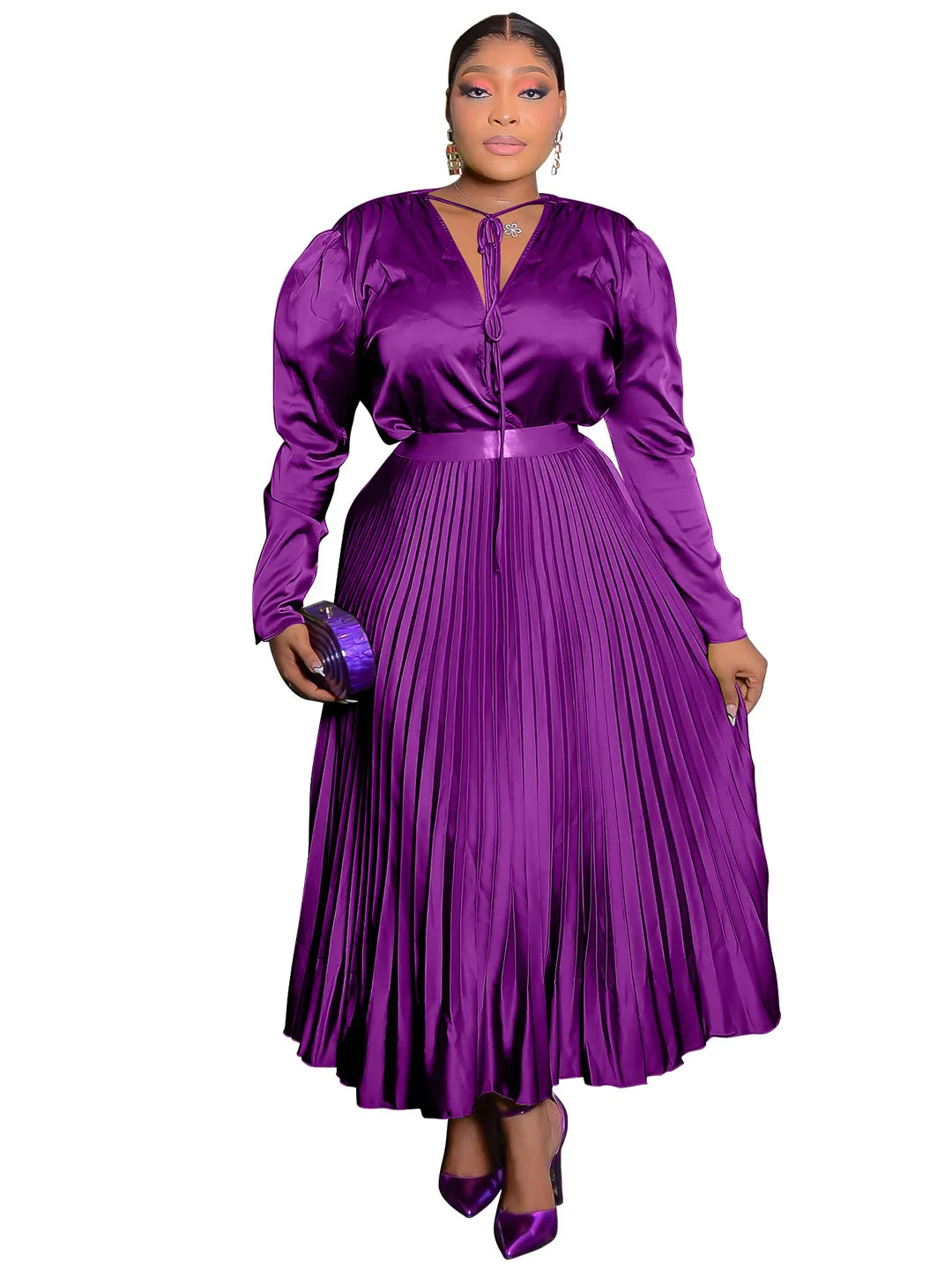 CM.YAYA Plus Size Women's Dress Set Long Sleeve V-neck Blouse and Pleated Maxi Long Skirts Suit Birthday Two 2 Piece Set Outfits