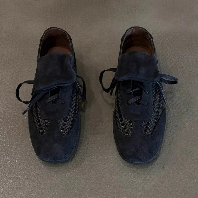 Women's Soft Sole Soft Sneaker Fall New Round Toe Deep Mouth Suede Open Toe Front Lace-Up Non-Slip Flats