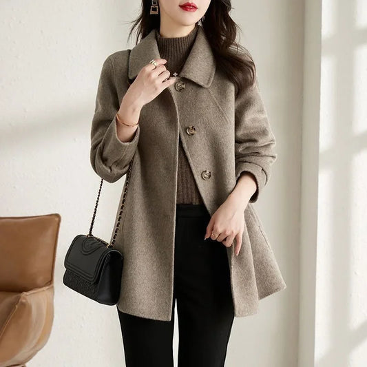 Korean Style Elegant High End Autumn Winter New Coat Medium Length Slimming Doll Collar Small Size Woolen Jacket for Women