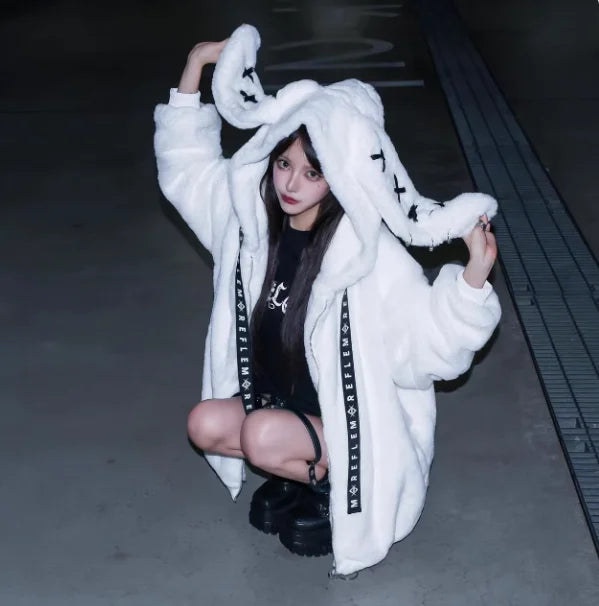 Japanese Style 2023 Autumn and Winter Sweet Cute Thickening Cotton Clothing Mine Series Mass-Produced Rabbit Ears Plush Coat